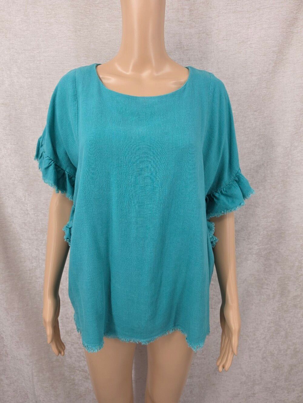 Mint Linen Cotton Teal Short Ruffled Frayed Fringe Sleeves